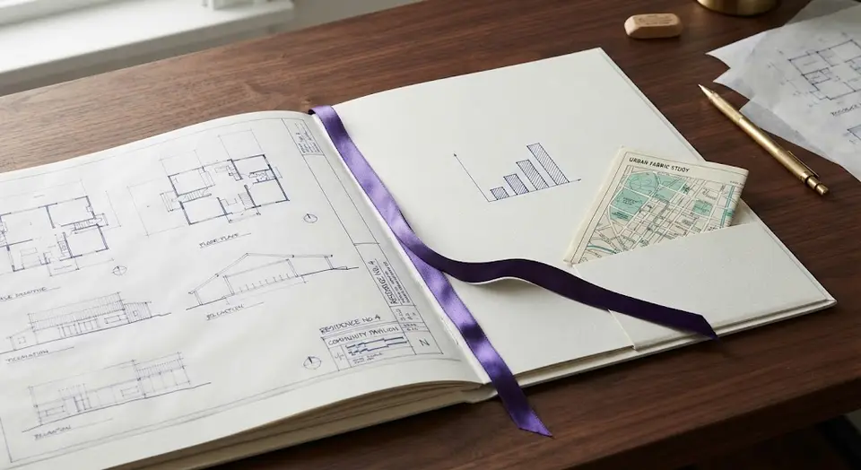 An open architect's portfolio with blueprints and a violet bookmark ribbon