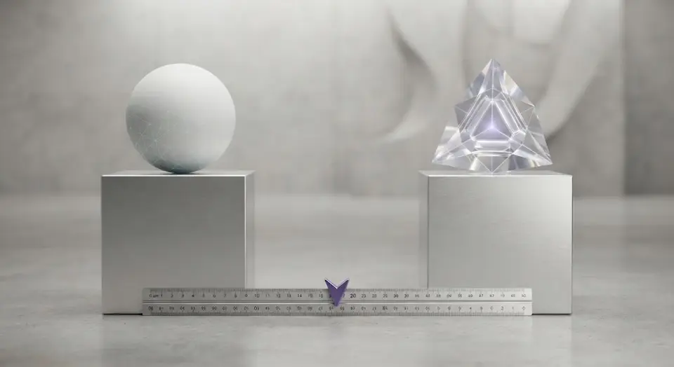Two pedestals holding a sphere and a faceted prism, with a measuring rule between them