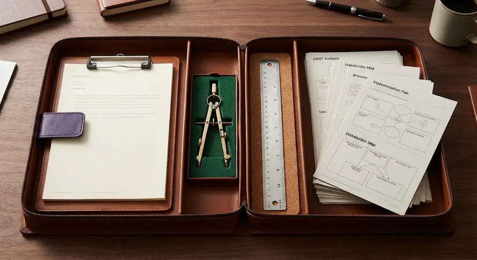 An open consultant's case with a clipboard, compass, ruler and templates