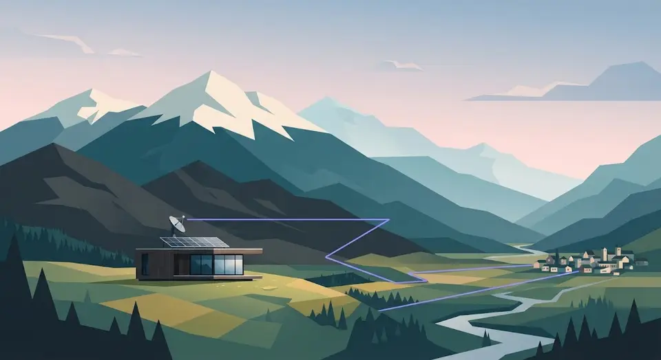 A layered Alpine landscape with a modern building in the valley